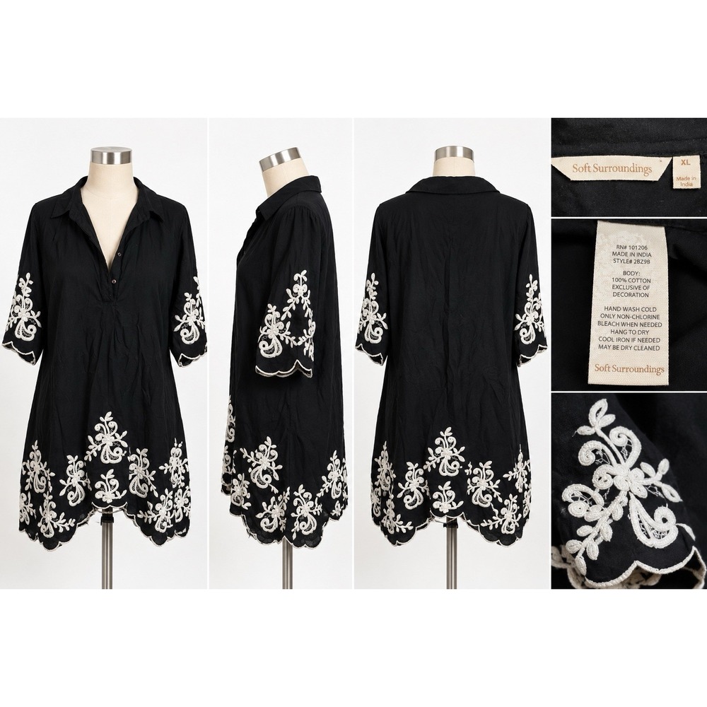 Soft Surroundings Women's XL Black Embroidered Cotton Tunic Dress Boho